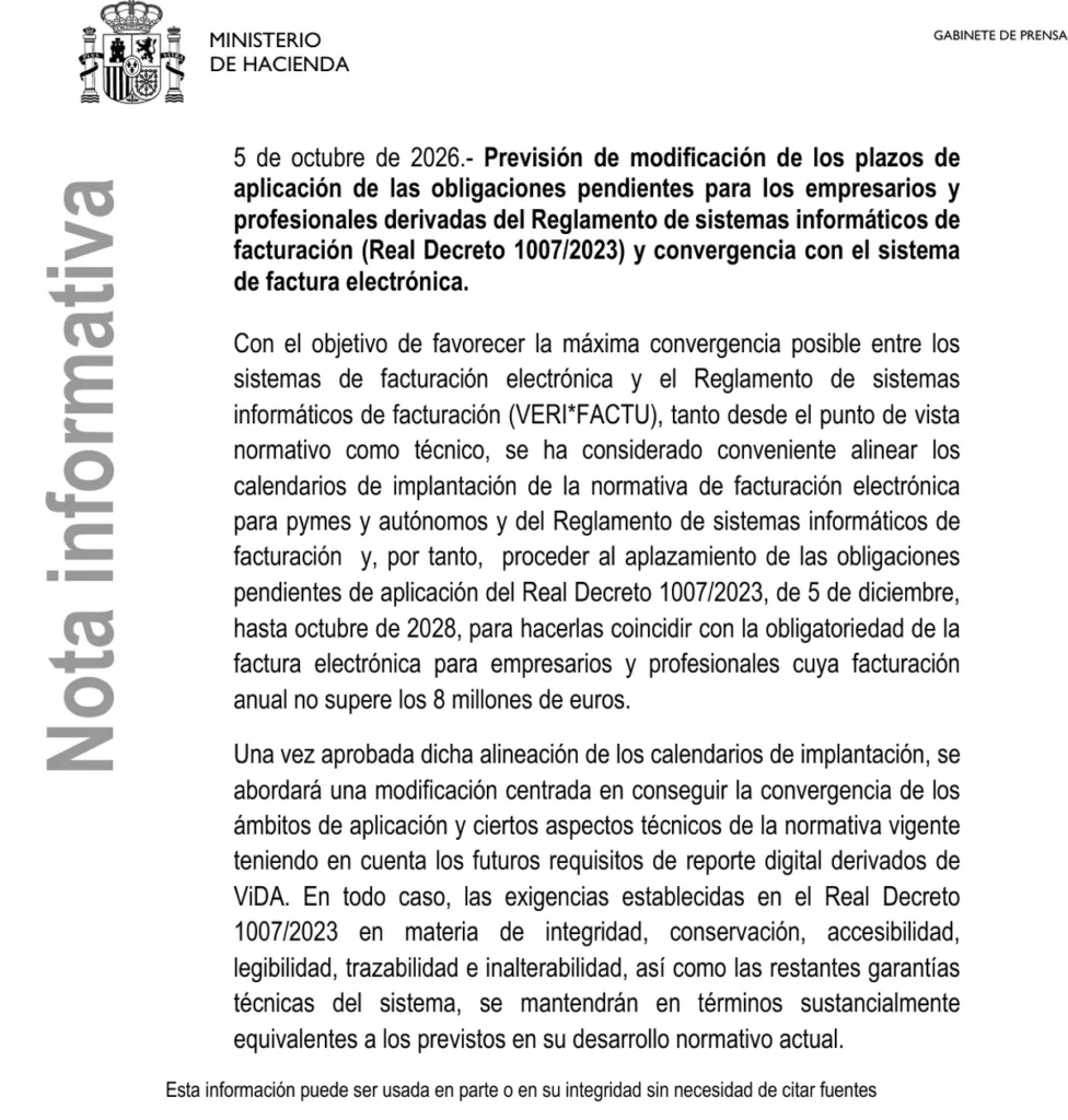 Nota informativa del Ministerio de Hacienda del 5 de octubre de 2026 sobre el aplazamiento de Verifactu