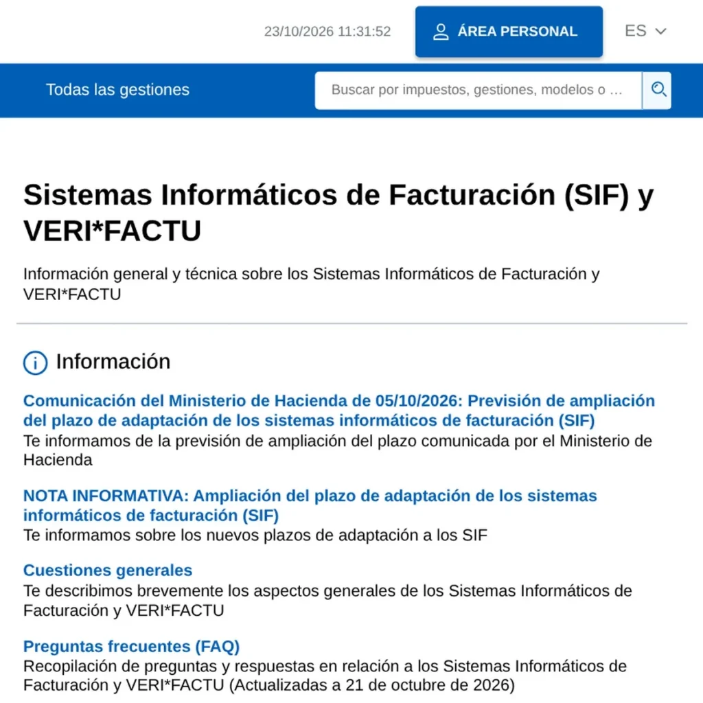 Sede de la Agencia Tributaria con la comunicación del 5-10-2026 sobre el aplazamiento de Verifactu