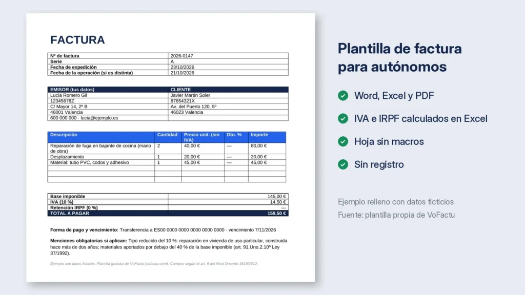 Vista previa de la plantilla de factura para autónomos de VoFactu rellena con un ejemplo